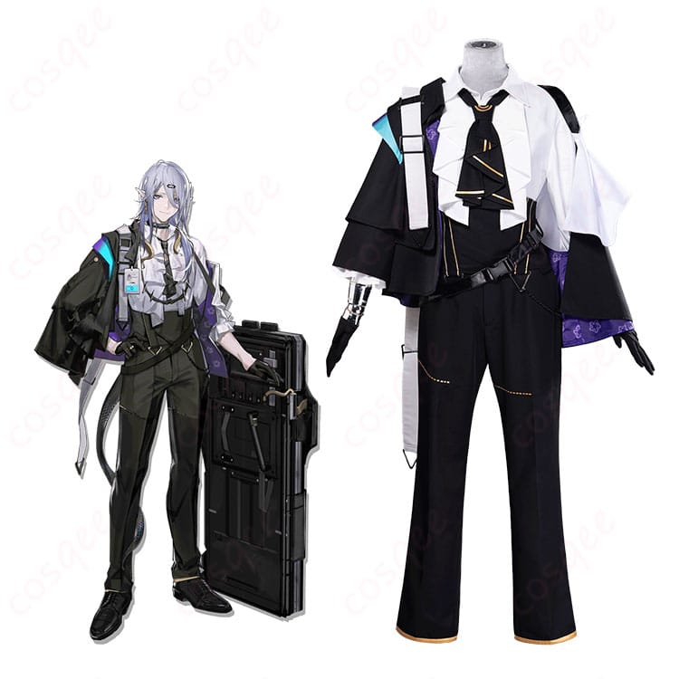 アークナイツのシャレム衣装を全身で示したイメージ。重装術技衛士風コートと多層ベルトが際立つ高再現デザイン。