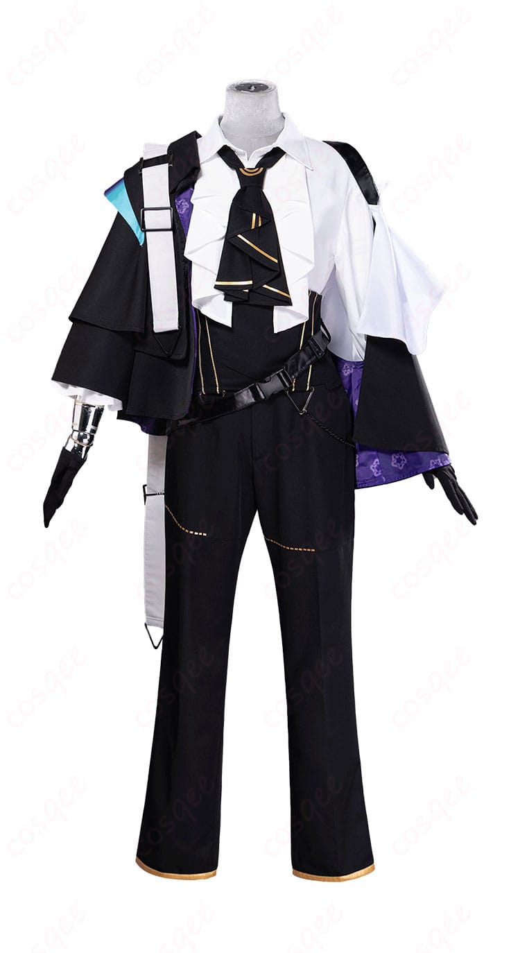 シャレム コスプレ衣装の正面全体図。ロングコートの直線シルエットと胸元のネクタイ・装飾の配置を忠実に再現。