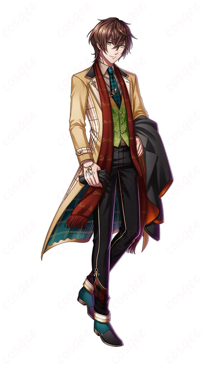 夢王国と眠れる100人の王子様 ジョシュア「君のチョコは誰のもの？」礼装の全身コーデ。コートとベストの上品な配色、手袋とマフラーのアクセントまで再現した高品質コスプレ衣装の着用イメージ