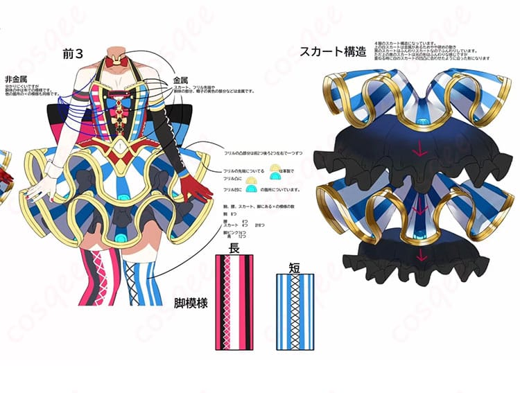 ホロライブ 尾丸ポルカ 初期衣装の装飾ディテール。ダイヤ柄の切り替え、配色リボン、つけ襟や腕飾りの質感が伝わる近接写真。