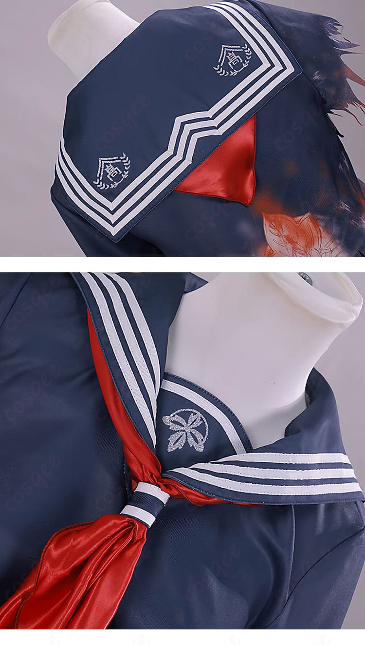 原神 コスプレ衣装の披肩風ヨークと赤いスカーフの細部。配色アクセントと質感のコントラストを強調。