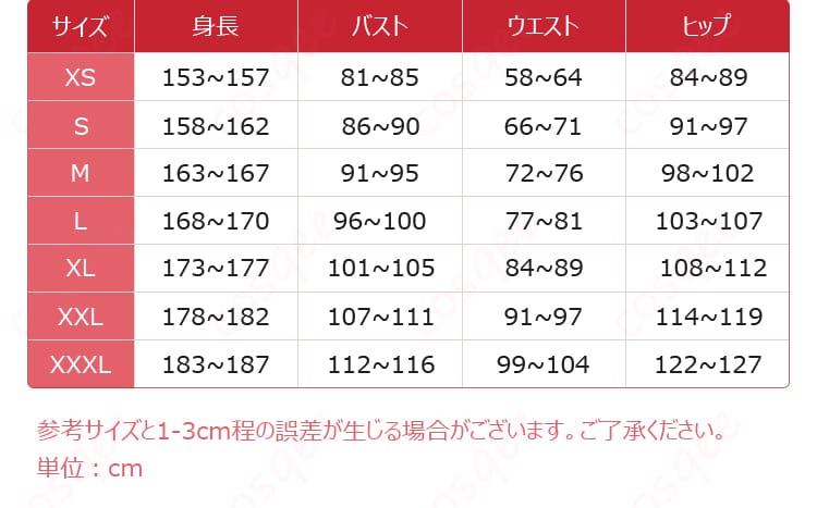 原神 コスプレ衣装のサイズ早見図。S〜XXLの各寸法目安を確認できるガイド。
