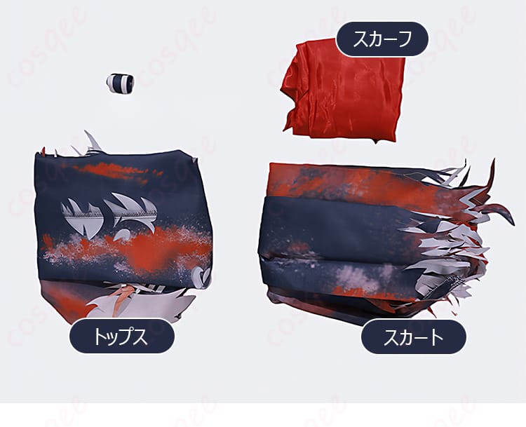 原神 コスプレ衣装のセット内容展示。トップス・スカート・スカーフの3点が整然と並ぶ構成。