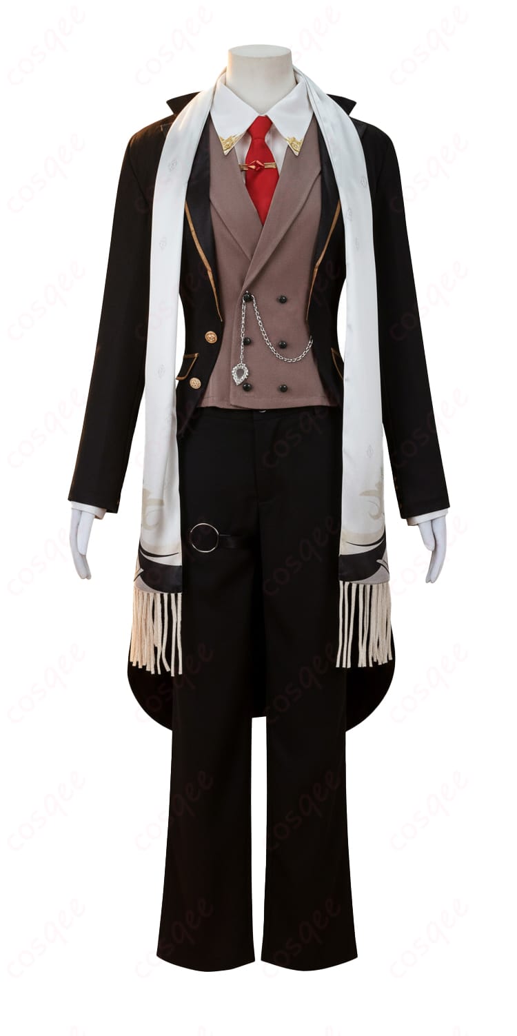 原神 ディルック コスプレ衣装 正面装飾とマフラーの細部。高級感ある生地と陰影が胸元を立体的に演出