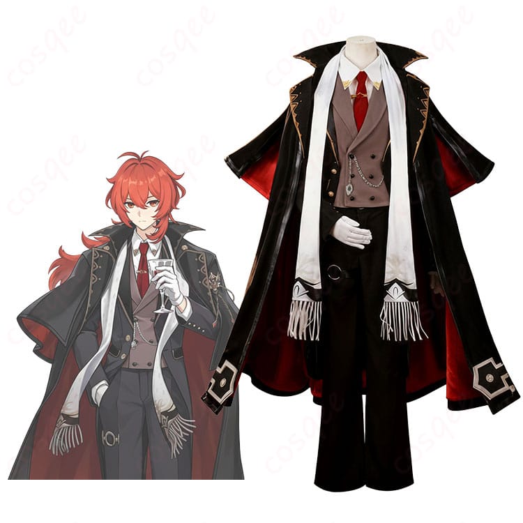 原神 ディルック「レッドデッド・オブ・ナイト」衣装の全身イメージ。重厚なコートと装飾を高品質に再現したフルセット