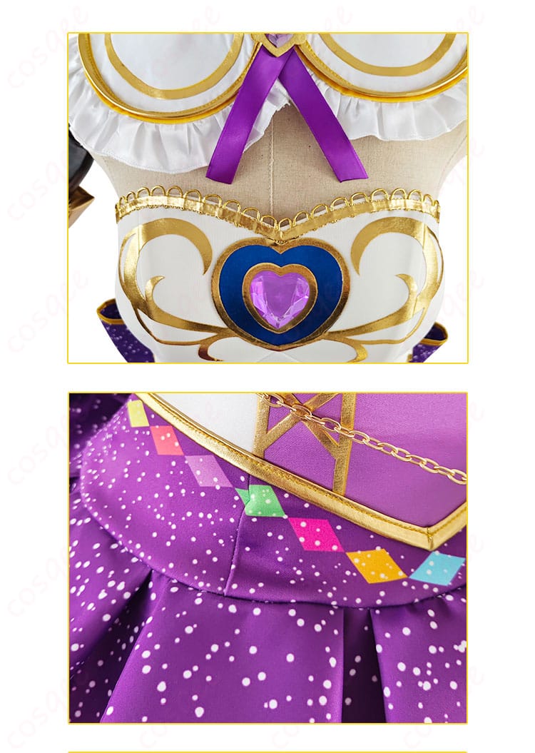 ラブライブ！SIF 東條希 コスプレ衣装のつけ襟・ウエスト飾り詳細。リボンと腰部アクセサリーの細部をクリアに撮影。