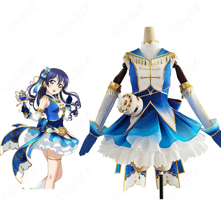 ラブライブ！ 園田海未「お化粧の魔法編 もっと綺麗に！」の全身コスプレ衣装イメージ。上品で可憐なステージスタイルを俯瞰で確認できる1枚。