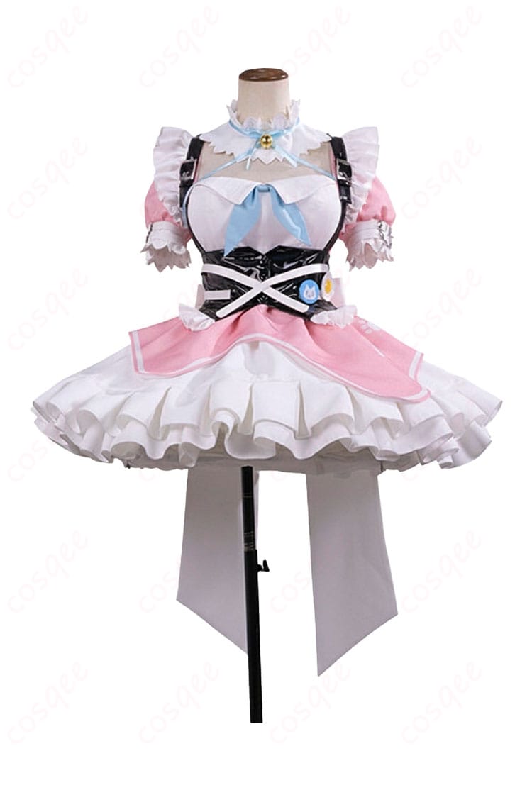 結城さくな 猫メイド コスプレ衣装の正面フルセット。トップスとスカート、首元・ウエスト装飾を含むコーデ全景。