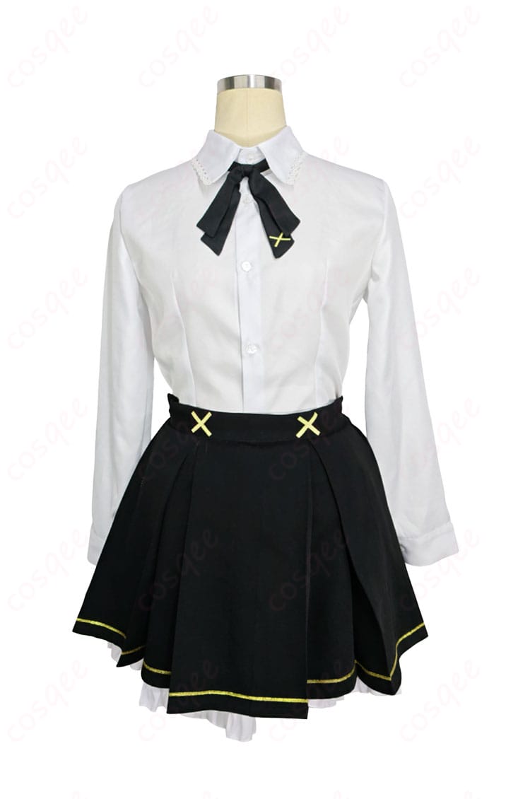 衣斐レナ 衣装 シャツ＆スカート正面ディテール｜胸元装飾・ボタン・縫製のアップ（コスプレ専用生地）