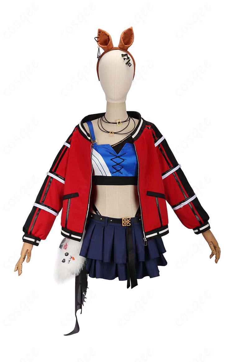 ウマ娘 エスポワールシチー 勝負服コスプレの正面全体写真。コート、ビスチェ、スカートのレイヤーとアクセントの配置を高再現で確認可能。