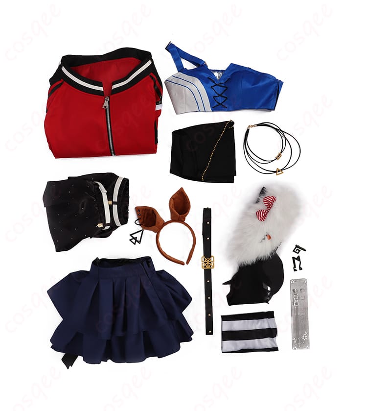 ウマ娘 エスポワールシチー 勝負服コスプレのセット内容一式。コート、ショートスカート、インナー、ビスチェ、靴下、腰飾り、ネックレス、耳、ベルト、髪飾りを並べた展示。