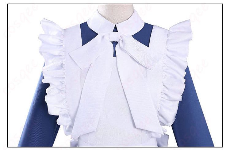 メイド服コスプレ衣装の首元リボンと襟の装飾ディテール。整ったVラインとリボンの質感が分かる。