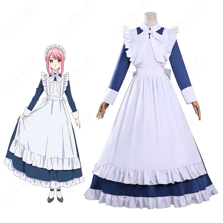 機械じかけのマリーのマリー メイド服コスプレ衣装一式の全体イメージ。黒ワンピースに白エプロン、カチューシャと背面リボン付き。