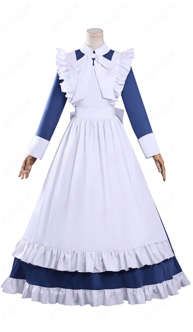 機械じかけのマリー マリー メイド服コスプレ衣装の正面フルビュー。モノトーン配色とフリルが映えるシルエット。