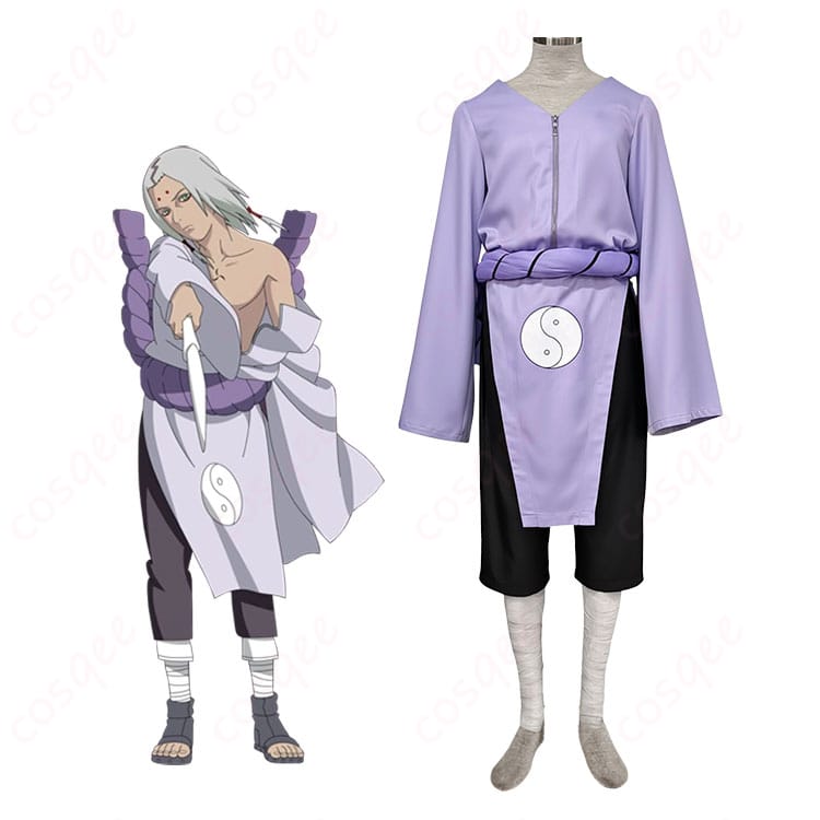 NARUTO-ナルト- 君麻呂の戦闘服コスプレ衣装一式。キャラクターイメージとセット内容（トップス・ズボン・腰飾り・帯・包帯）を確認できる構図