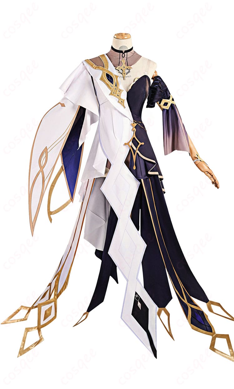 原神 ナベリウス コスプレ衣装の正面全体。斜襟と胸元アイコンが際立つデザイン