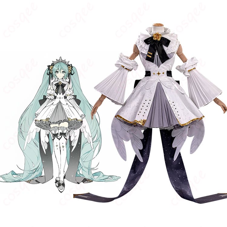 初音ミクシンフォニー10周年『プレイオン』公式ビジュアルとCOSQEEコスプレ衣装の比較。シルエットと装飾の再現度が一目で分かる解説画像。