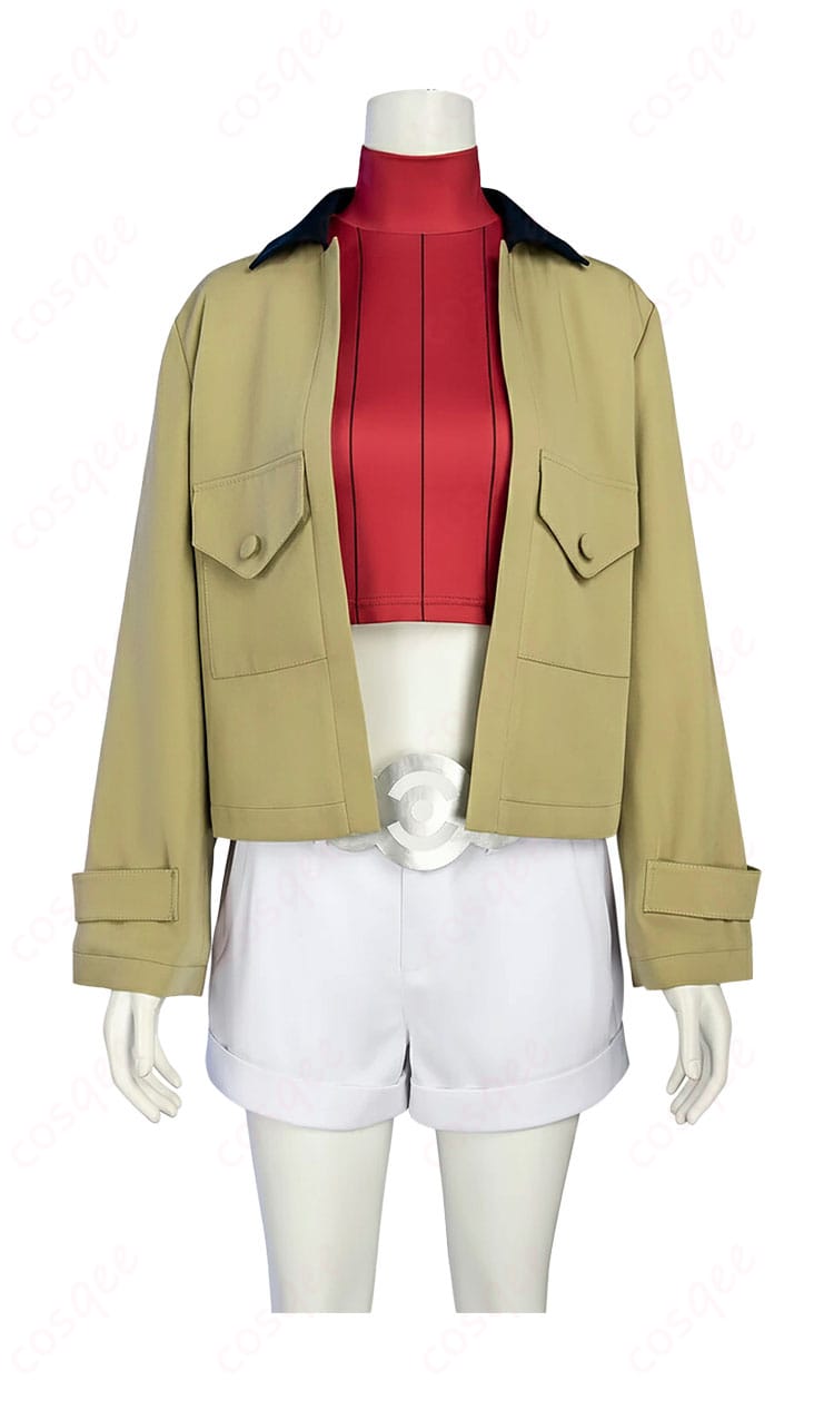 タウニー衣装 正面装飾アップ。胸元とベルトの質感・ステッチを捉えた近接写真。