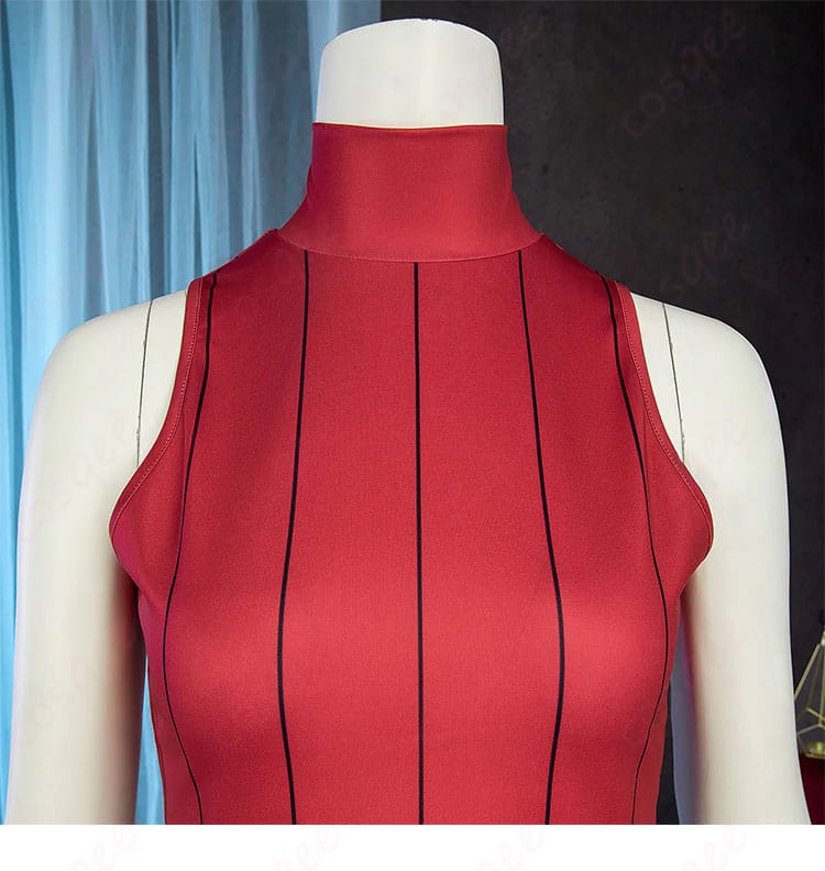 タウニー 赤色インナー 背面ストライプ装飾。動きのある柄でキャラクターの個性を強調。