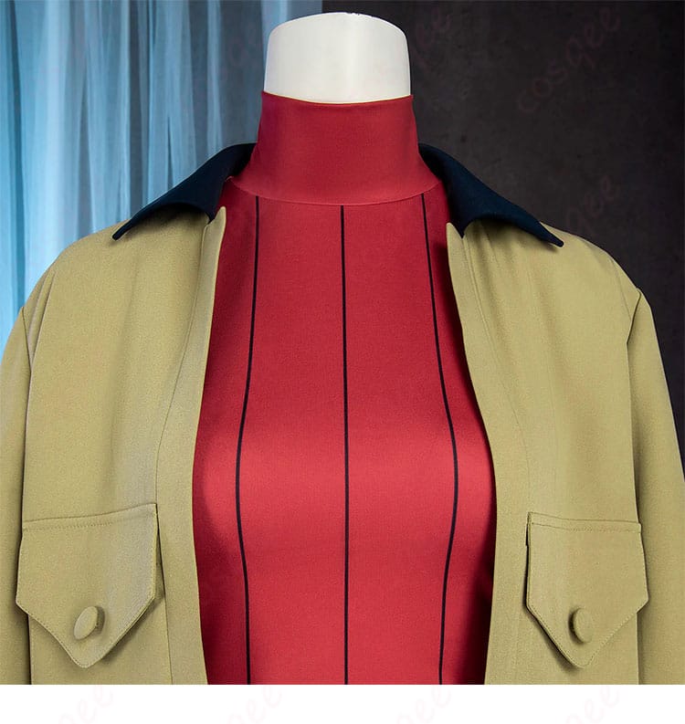 タウニー 衣装 襟元ディテール。襟の形状と配色のバランスを鮮明に捉えたアップ。