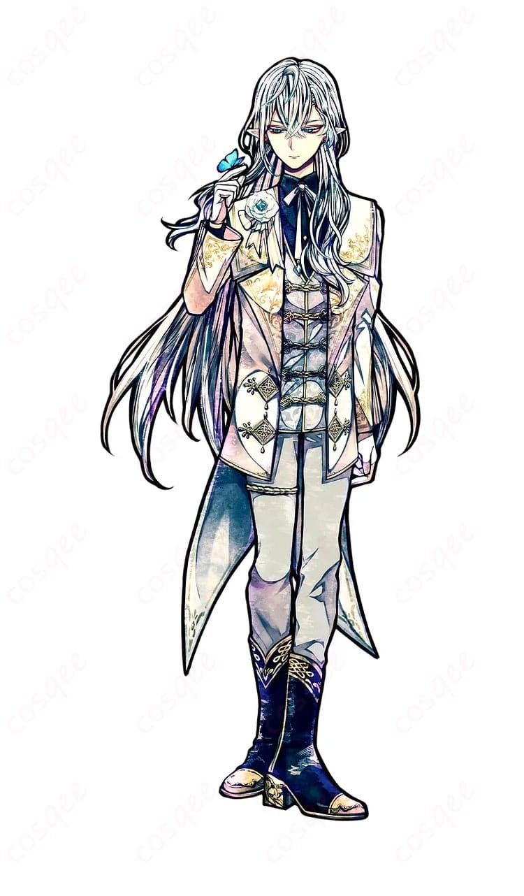 シロのキャラクタービジュアルを参考にした立ち姿イメージ。配色や小物の位置を衣装チェックに役立つよう説明した参考画像。