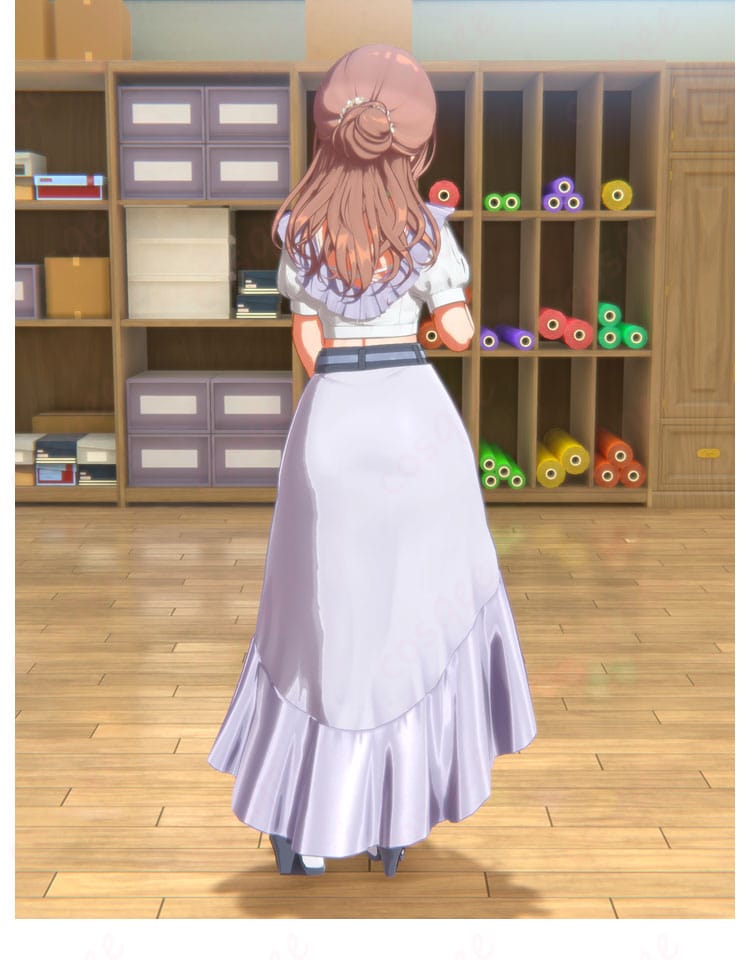 姫崎莉波 clumsy trick 衣装の左側面。スカートの広がりとパーツの重なり、動きに映えるバランスを示す画像