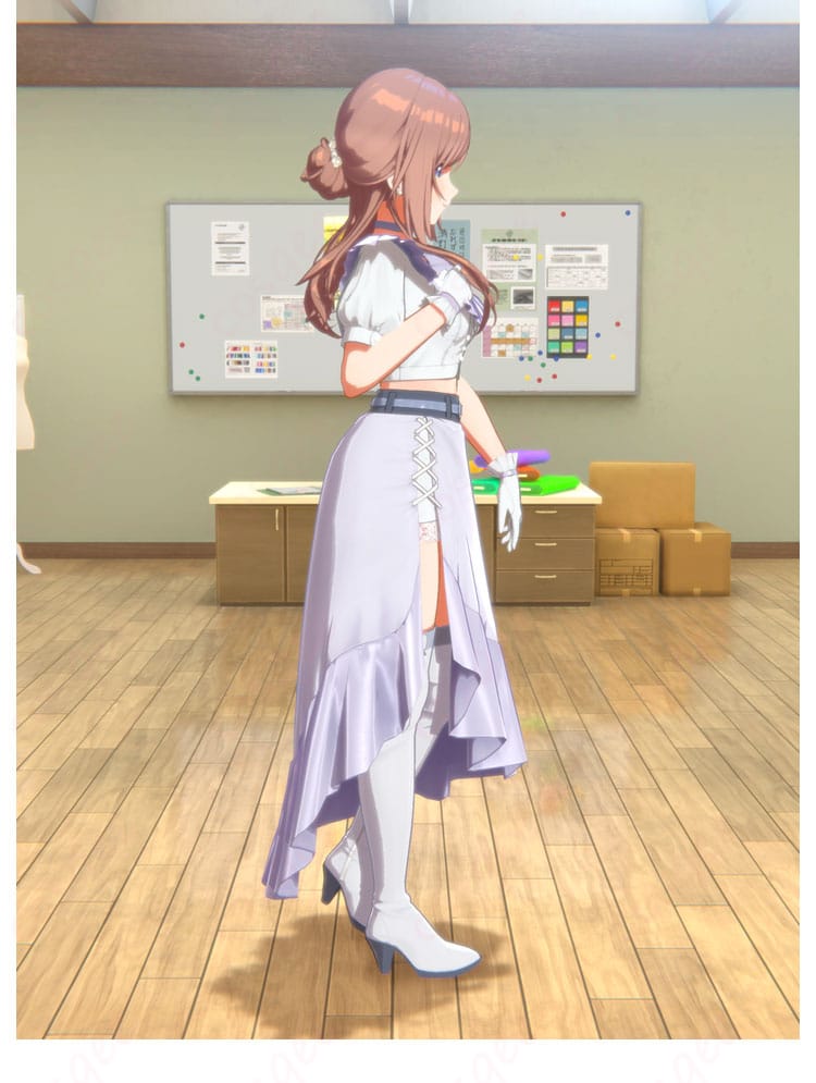 姫崎莉波 clumsy trick ライブ衣装の正面全身。トップスとスカート、チョーカー・手袋・ベルトのバランスが分かる高再現コスチューム