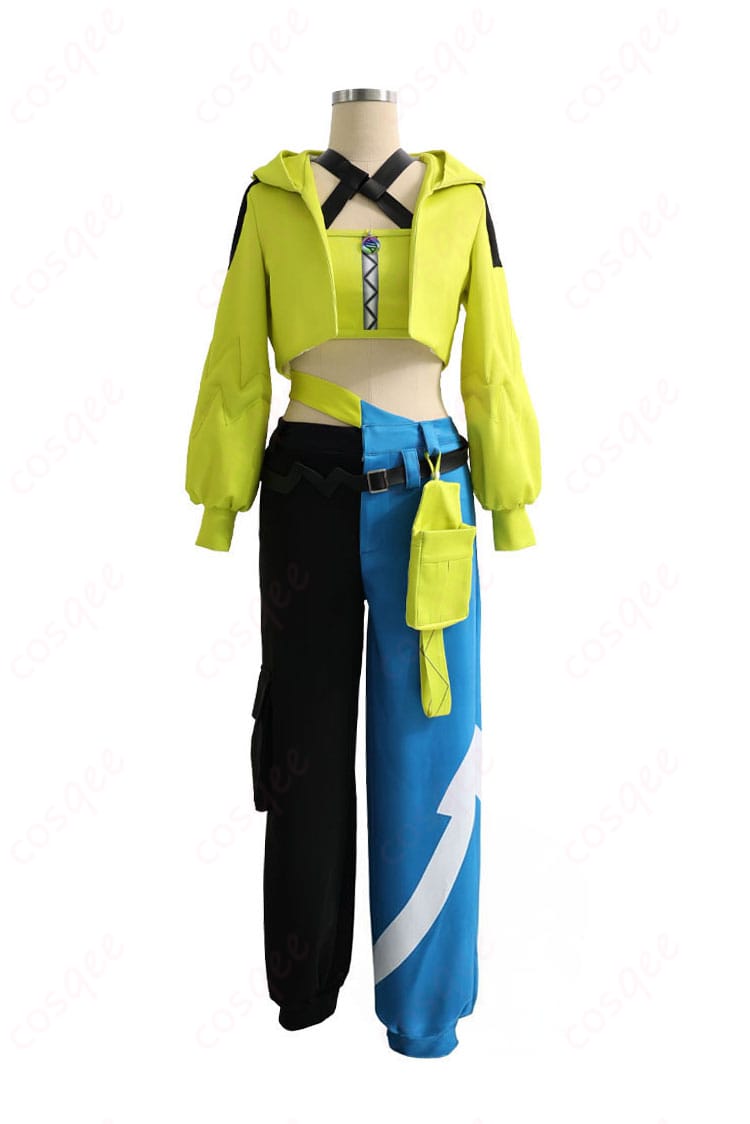 カナリィ 通常衣装 コスプレ一式の正面全体像。チューブトップ、短丈パーカー、パンツ、アクセ類の配置がわかるフルセット。