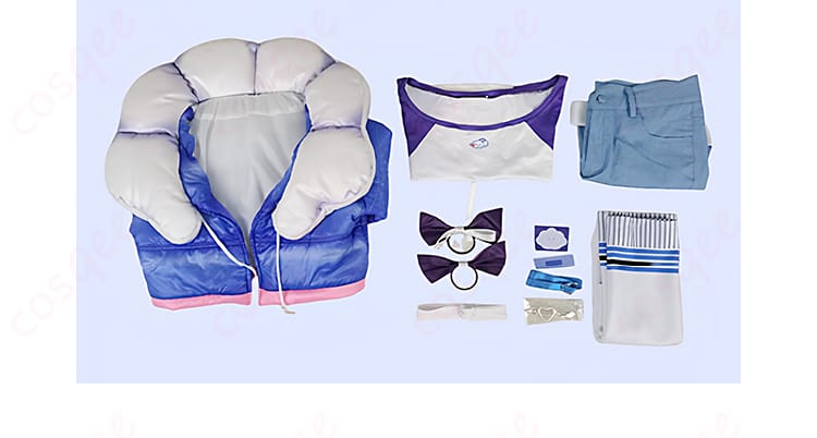 ホロライブ こぼ・かなえる 私服コスプレ衣装 セット内容。コート、ショートパンツ、Tシャツ、レッグカバー、髪飾り、チョーカーの6点一覧