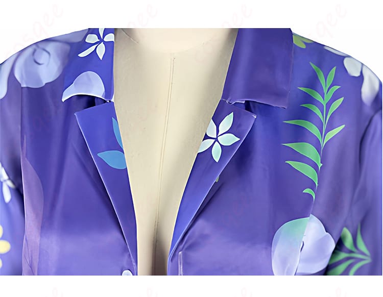 にじさんじ 剣持刀也 アロハシャツ新衣装コスプレの襟元ディテール画像。襟と前立ての柄合わせ、ステッチの精度をアップで表示。