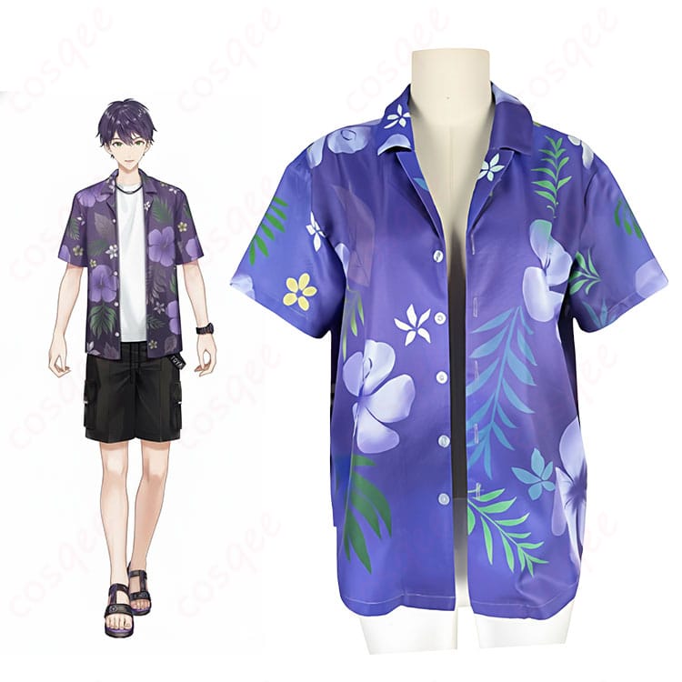 にじさんじ 剣持刀也 アロハシャツ新衣装のコスプレ衣装と公式ビジュアルを比較した画像。柄配置と色味の再現度が分かる一枚。