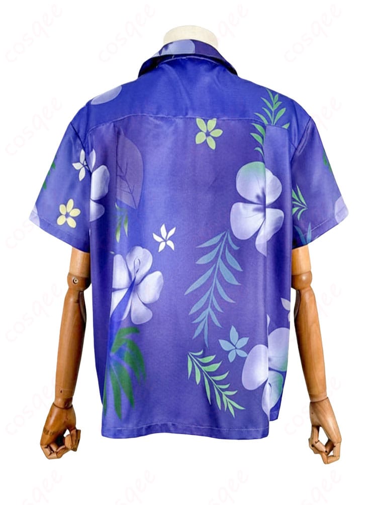 にじさんじ 剣持刀也 アロハシャツ新衣装コスプレの背面画像。背中の柄配置とヨーク周りの丁寧な縫製が見て取れる。