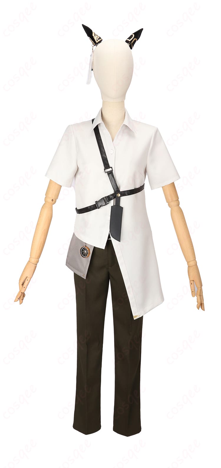 ステイゴールド 勝負服コスプレのシャツ＆ズボン正面ディテール。ボタン・トリム・ハーネスベルトの質感が分かる接写