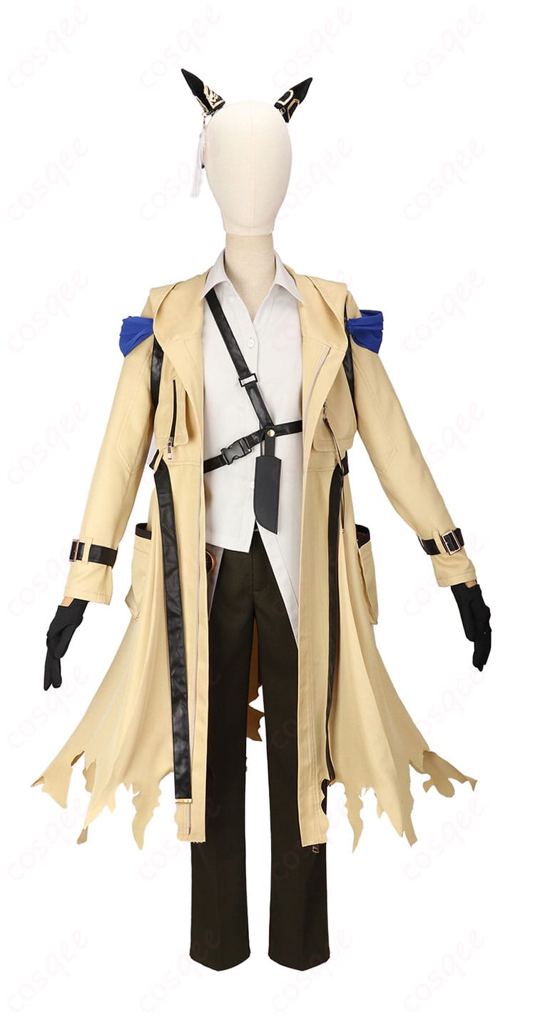 ウマ娘 ステイゴールド 勝負服コスプレ 正面全身。コートのシルエットと装飾を細部まで再現した高品質デザイン