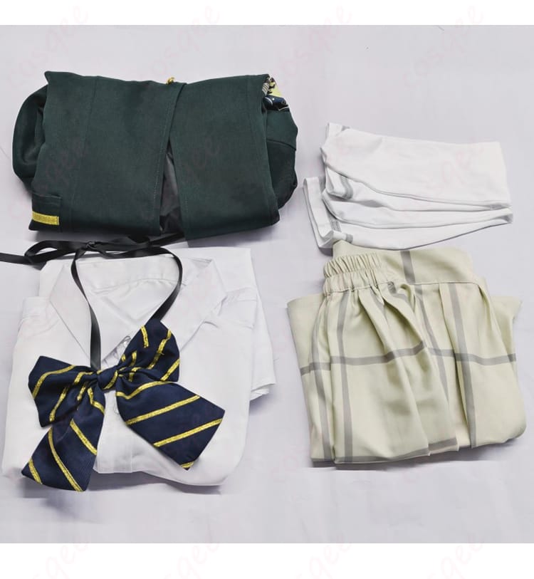 ブルーアーカイブ 桜井ミヨ コスプレ セット内容。コート・シャツ・スカート・リボン・靴下を並べた構成が一目でわかる。