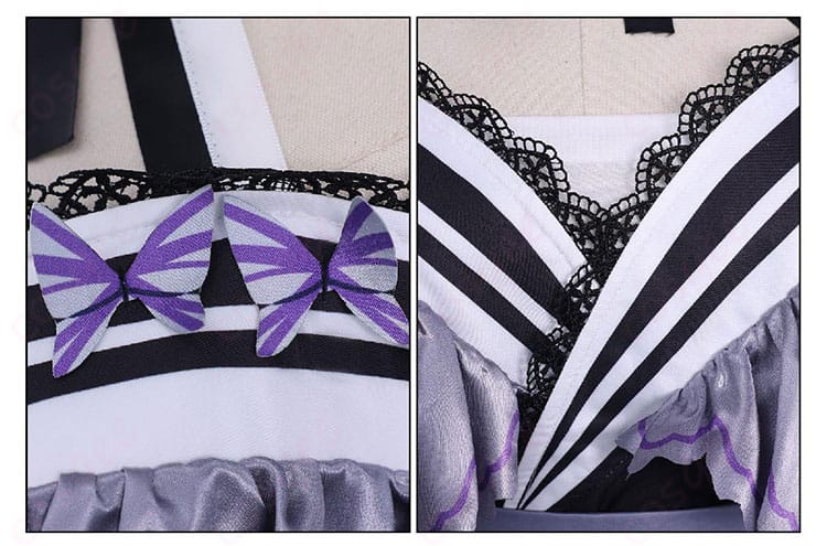 襟と蝶モチーフのクローズアップ。『魔法少女ノ魔女裁判』らしい意匠を立体感のある素材で再現。