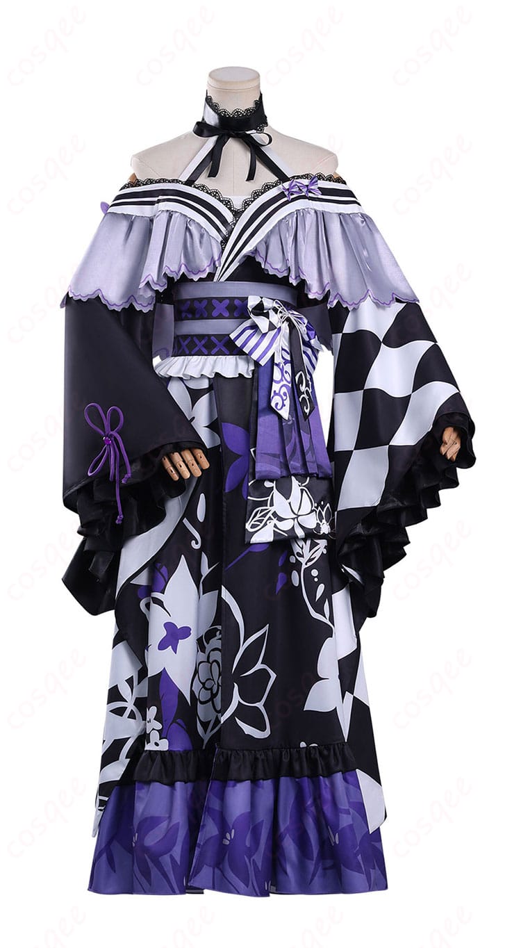 宝生マーゴ コスプレ衣装の正面。ワンピースのシルエットと襟元デザイン、コルセット風ウエストの配置が分かるカット。