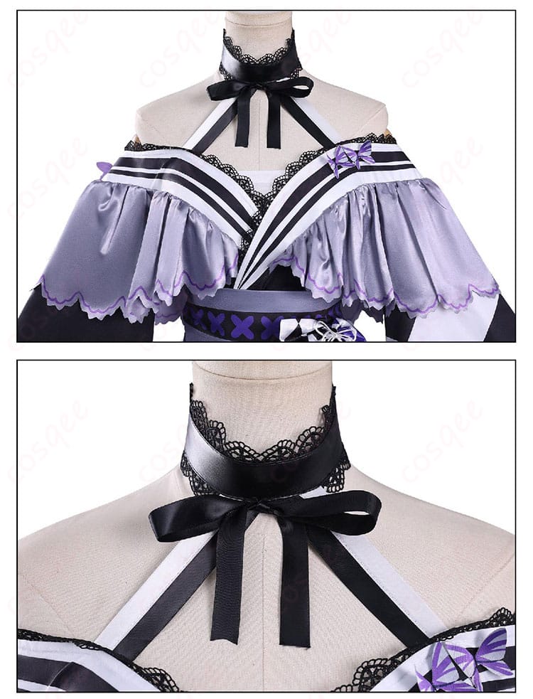 襟元とネックラインの装飾ディテール。モチーフ配置とステッチワークを近距離で表現。