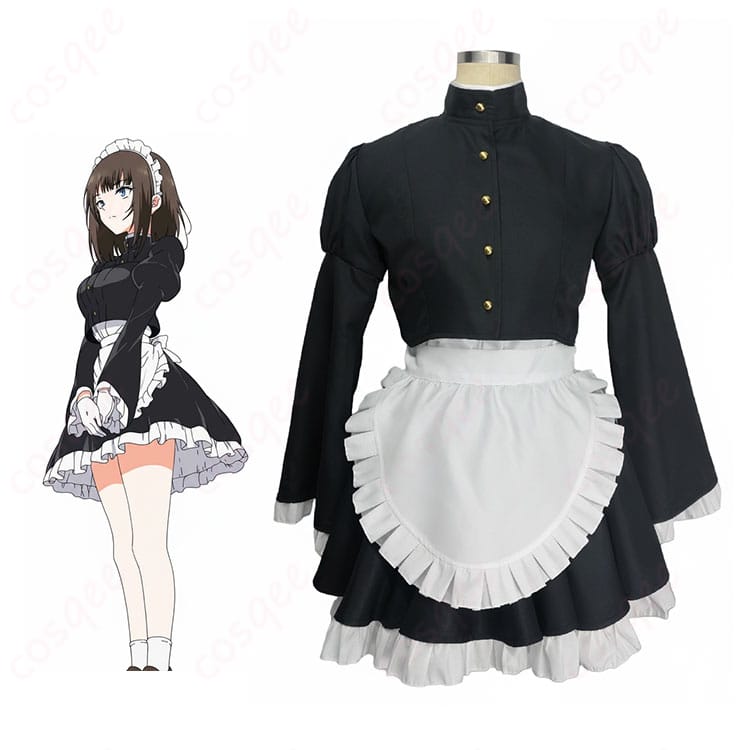 メイド教育 瑠璃川椿のメイド服コスプレ衣装とキャラクタービジュアル比較。COSQEE製フルセットで高再現を訴求する紹介画像。