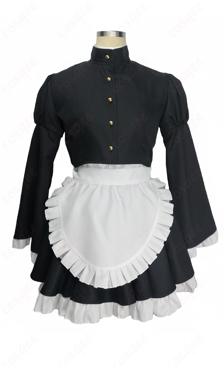 瑠璃川椿 メイド服コスプレ衣装の正面全体図。エプロンと背部リボン、髪飾りを含むクラシックなデザインが分かる商品写真。