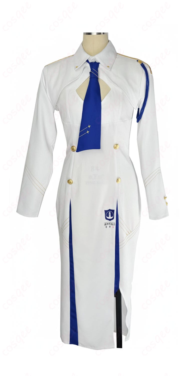 岩櫃アユム 通常制服コスプレ衣装の正面全身。コートとワンピースのバランスや襟元の配色が分かる。