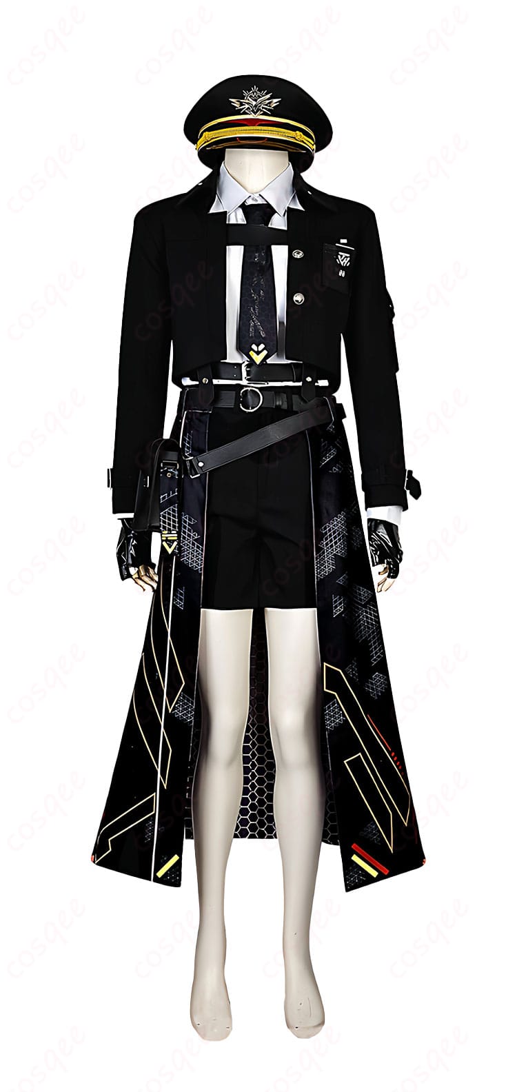 恋と深空 主人公 夜を切り裂く影 コスプレ衣装の正面全身。コートとシャツ、タイの高再現ディテールが分かる画像