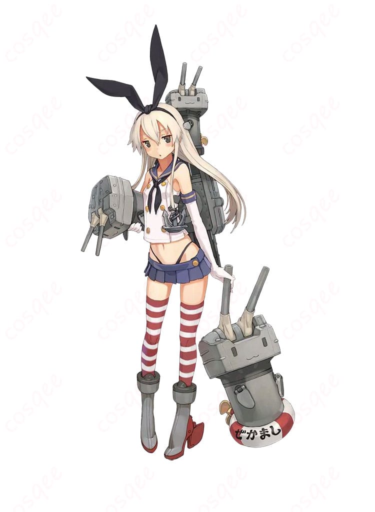 艦隊これくしょん 島風 通常衣装のコスプレ衣装（COSQEE）全身イメージ。黒リボンのヘッドアクセとボーダーニーソ、白×紺のセーラーが高再現。