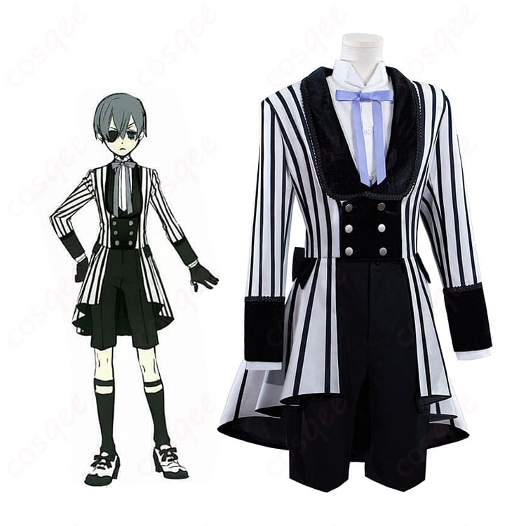 黒執事 シエル・ファントムハイヴ モノクロのキスVer.の着用イメージ。黒白ストライプ礼装で気品ある佇まいを再現し、英国風の上品さが伝わる全身カット。