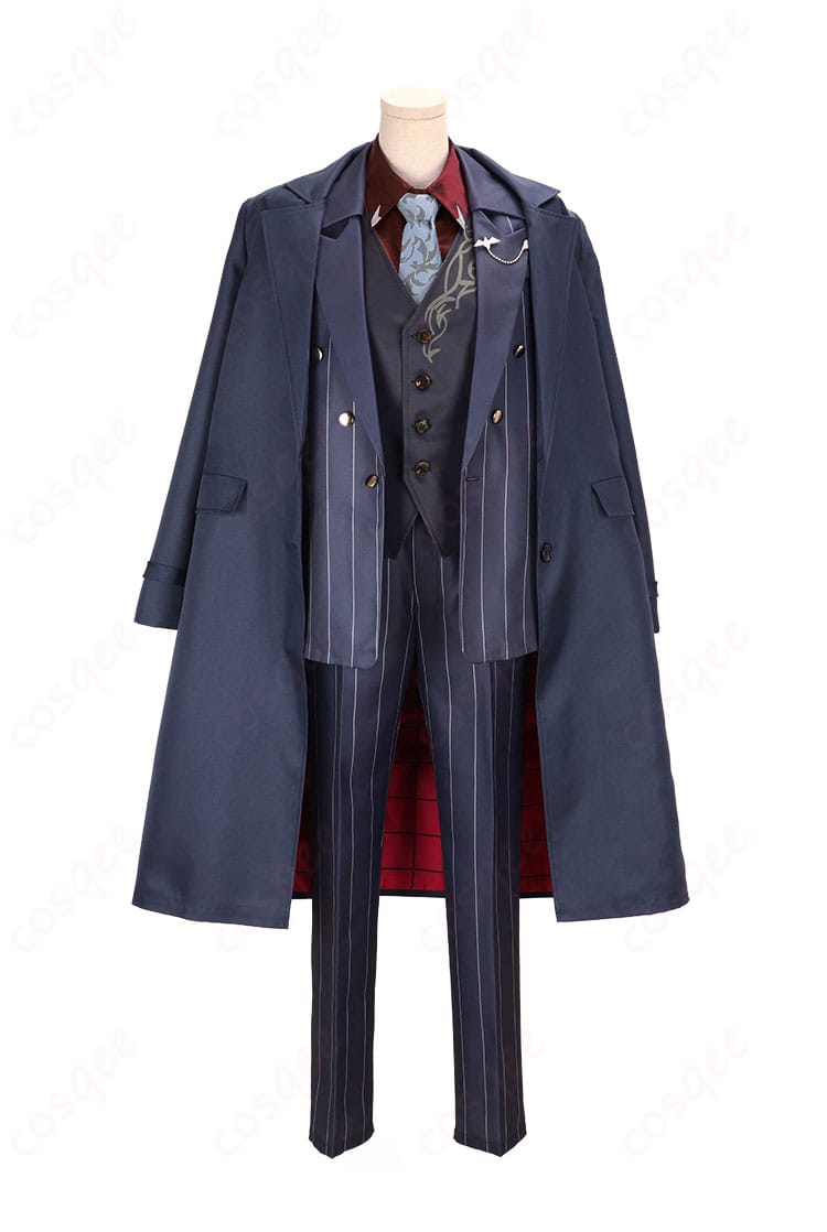 にじさんじ 葛葉 ONE SHOT コスプレ衣装の正面全身。ロングトレンチとベスト・ネクタイのシルエットが分かるカット。