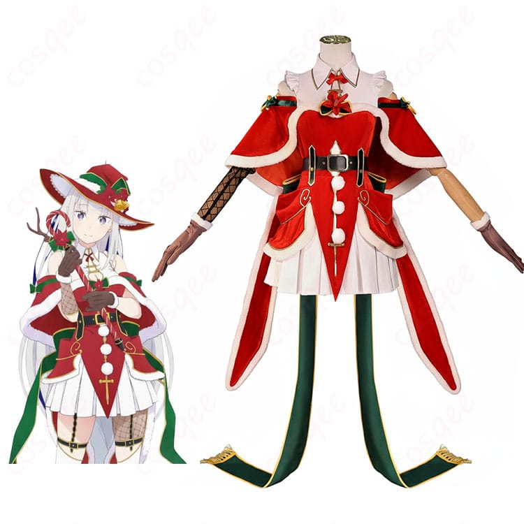 Re:ゼロ エミリア クリスマス記念コスプレ一式を着用した人物の全身と衣装全体が分かる画像