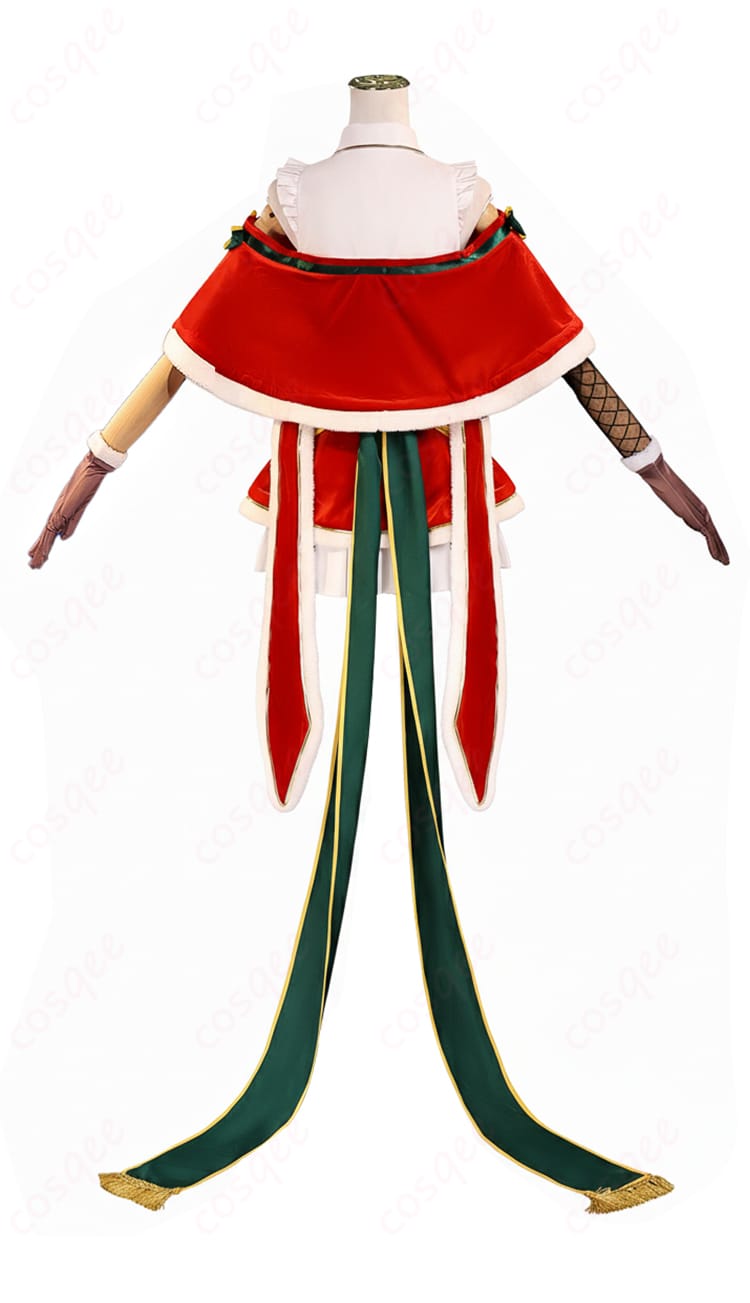 Re:ゼロ エミリア クリスマス記念コスプレの背面全身カット。大きな背部蝶結びとリボン装飾の配置が分かる画像