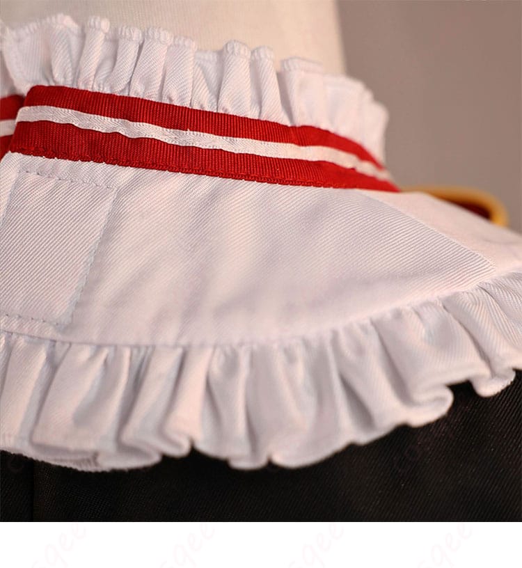 Re:ゼロ ラム コスプレ衣装の襟元ディテール。赤×白の冬らしいつけ襟デザインとコルセット上部の質感