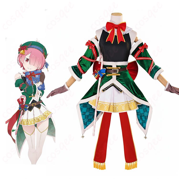 Re:ゼロ ラム クリスマス記念コスプレ衣装の着用イメージ。キャラクターに合わせた赤白配色と背面リボンまで見える全身写真