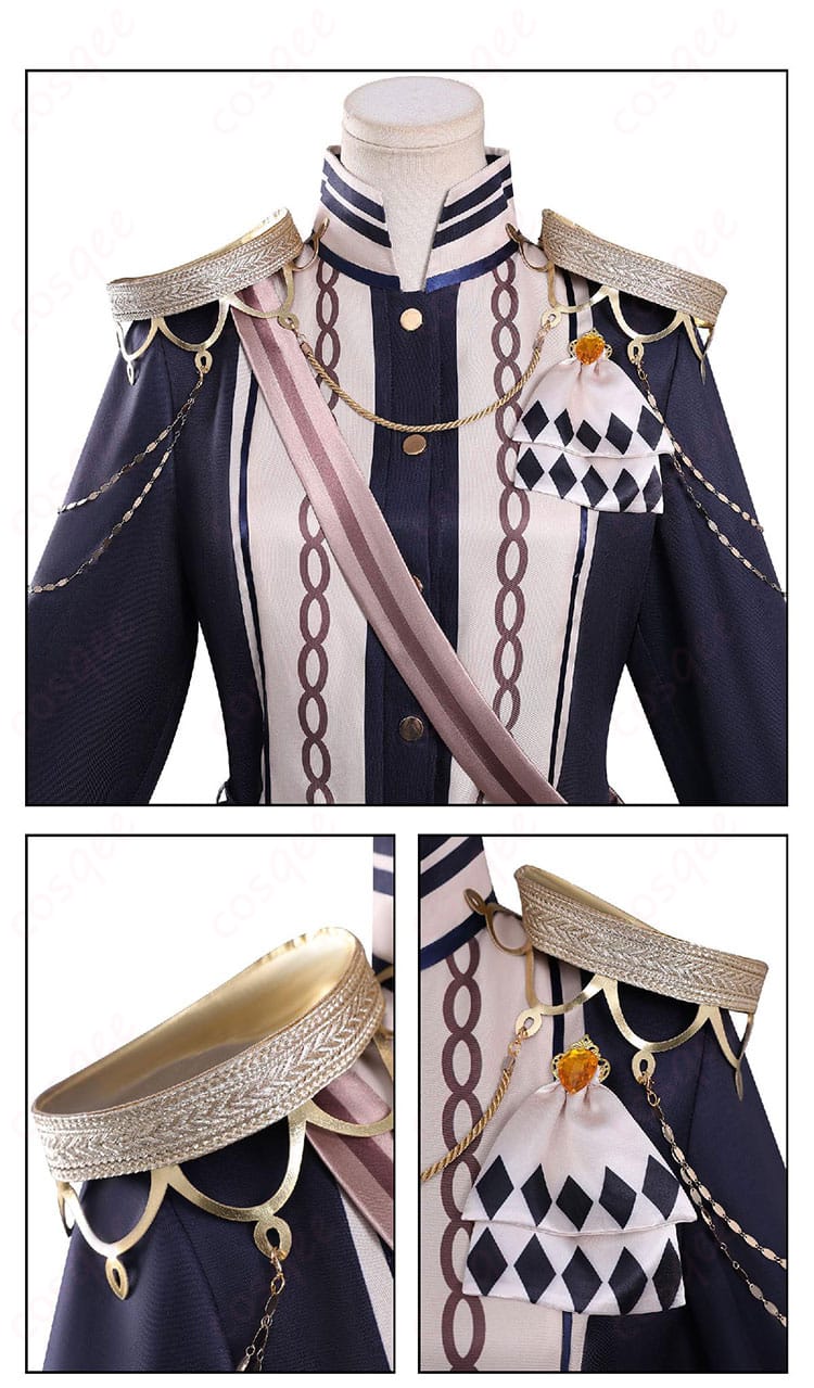 蓮見レイア 衣装の襟元と肩装飾ディテール。縁取りの質感と立ち上がりを強調